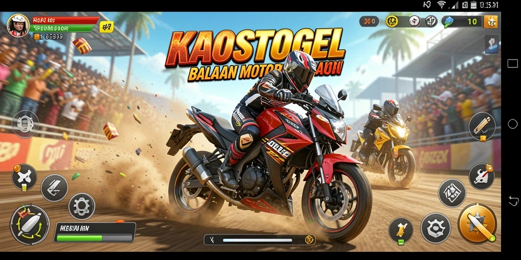 Screenshot KAOSTOGEL menampilkan balapan motor yang intens dan mendebarkan.